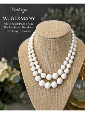 Vintage W. Germany White Resin Plastic Bead Double Strand Necklace 16.5” Hook